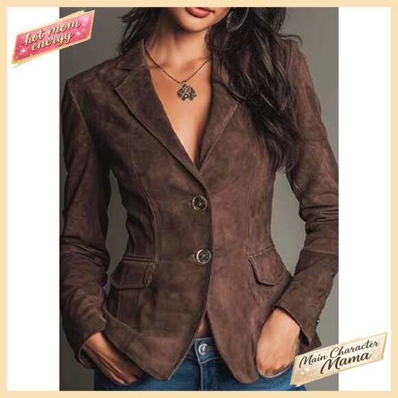 Vintage Faux Suede Blazer Slim Fit Open Front Lapel Jacket Work Casual Chic - Picture 2 of 6